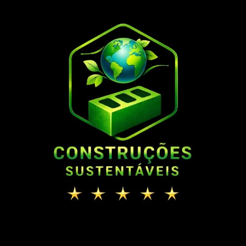 Logo Construções Sustentáveis - hexágono verde com globo terrestre e bloco de construção